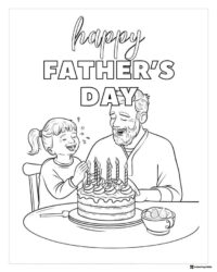 Fathers Day Coloring Page with Girl Laughing by Cake