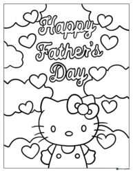 Fathers Day Coloring Page with Kitty Surrounded by Hearts