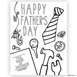 Fathers Day Coloring Page with Tie Tools and Fishing Gear