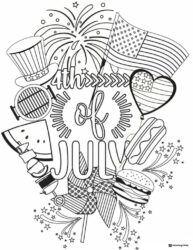 Festive 4th of July Coloring Page with Food Flag and Fireworks