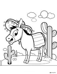 Festive Donkey Coloring Page with Sombrero and Desert Scene
