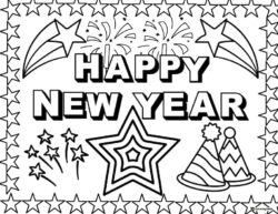Festive Hat and Star New Year Coloring Page with Fireworks