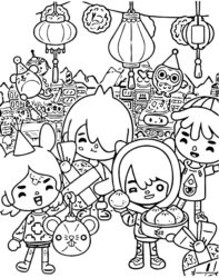 Festive Kids Coloring Page with Dumplings Gifts and Lanterns