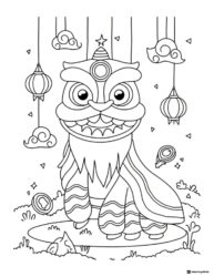 Festive Lion Coloring Page with Hanging Lanterns and Coins