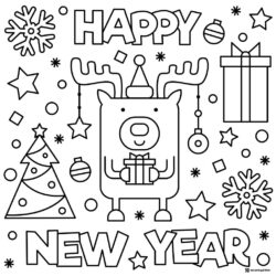 Festive Reindeer Happy New Year Coloring Page with Gifts