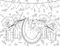 Fiesta Coloring Page with Mariachi Band and Dancing Woman