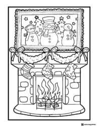 Fireplace Coloring Page with Stockings and Snowman Picture