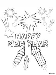 Firework Coloring Sheet with Rockets and Happy New Year Text