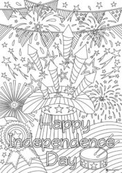 Fireworks and Rockets Coloring Page with Happy Independence Day