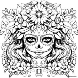 Floral Sugar Skull Lady Coloring Page with Elegant Details