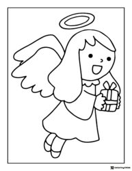 Flying Angel Coloring Page with Halo and Wrapped Gift