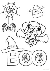 Flying Dog Vampire Coloring Page with Webs and BOO Text