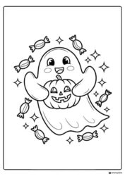 Flying Ghost Coloring Page with Pumpkin and Candy Accents