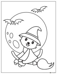 Flying Witch Cat Coloring Page with Full Moon and Bats