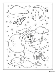 Flying Witch Girl Coloring Page with Moon and Starry Sky
