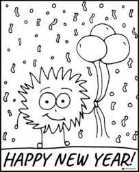 Fuzzy Character Coloring Page with Balloons and Confetti