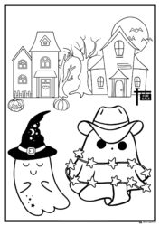 Ghost Duo Coloring Page with Costumes and Haunted Houses