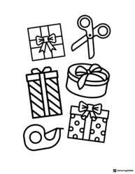 Gift Wrapping Coloring Page with Presents Tape and Scissors