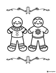 Gingerbread Couple Coloring Page with Heart and Snowflake Sweaters