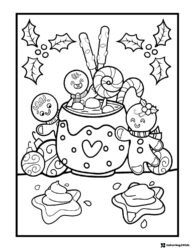 Gingerbread Friends Coloring Page with Candy and Hot Chocolate Mug