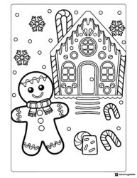 Gingerbread House Coloring Page with Candy Canes and Snowflakes