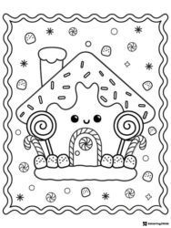 Gingerbread House Coloring Page with Candy and Smiling Face
