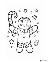 Gingerbread Man Coloring Page Holding Candy Cane with Star Accents