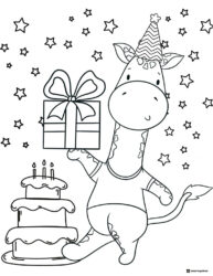 Giraffe Birthday Coloring Page with Stars and Presents