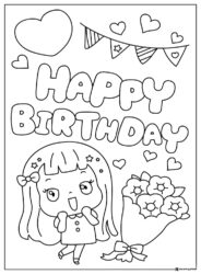 Girl Birthday Coloring Page with Flowers and Heart Decor