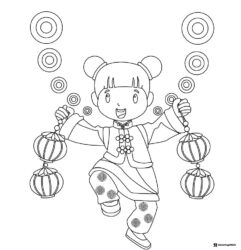 Girl Dancing with Lanterns Coloring Page and Festive Circles