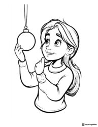 Girl Hanging Christmas Ornament Coloring Page with Joyful Expression