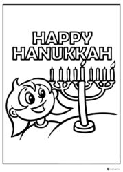 Girl Lighting Menorah Coloring Page with Happy Hanukkah Message
