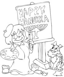 Girl Painting Menorah Coloring Page with Happy Hanukkah Text