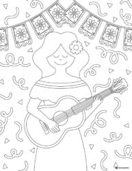Girl Playing Guitar Coloring Page with Papel Picado Banners