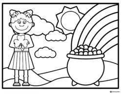 Girl with Shamrock and Pot of Gold Coloring Sheet with Rainbow