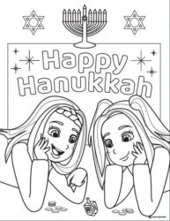 Girls Playing Dreidel Hanukkah Coloring Page with Menorah