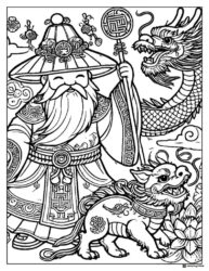 God of Wealth Coloring Page with Dragon and Mythical Beast