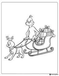 Grinch Sleigh Coloring Page with Max and Wrapped Presents