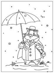 Groundhog Coloring Page with Umbrella and Falling Snow