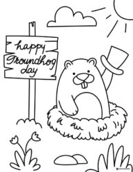 Groundhog Day Coloring Page with Top Hat and Signpost