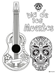 Guitar and Skull Coloring Page with Dia de los Muertos Text
