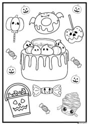 Halloween Dessert Coloring Page with Cute Ghost Toppings