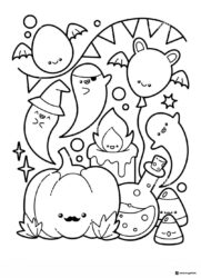 Halloween Doodle Coloring Page with Ghosts and Pumpkins