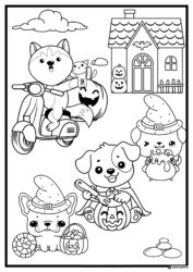 Halloween Pets Coloring Page with Candy and Witch Hats