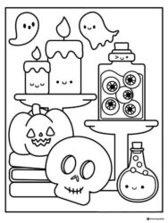 Halloween Shelf Coloring Page with Candles Ghosts and Potions