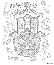 Hamsa Hand Hanukkah Coloring Page with Dreidels and Gelt
