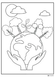 Hands Holding Earth Coloring Page with Trees and Clouds