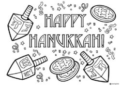 Hanukkah Coloring Page with Menorah Gifts and Donuts