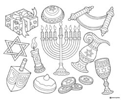 Hanukkah Coloring Page with Menorah and Jewish Symbols