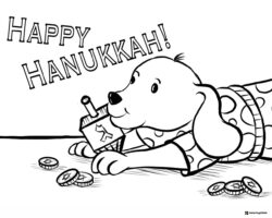 Hanukkah Dog Coloring Page with Dreidel and Gelt Coins